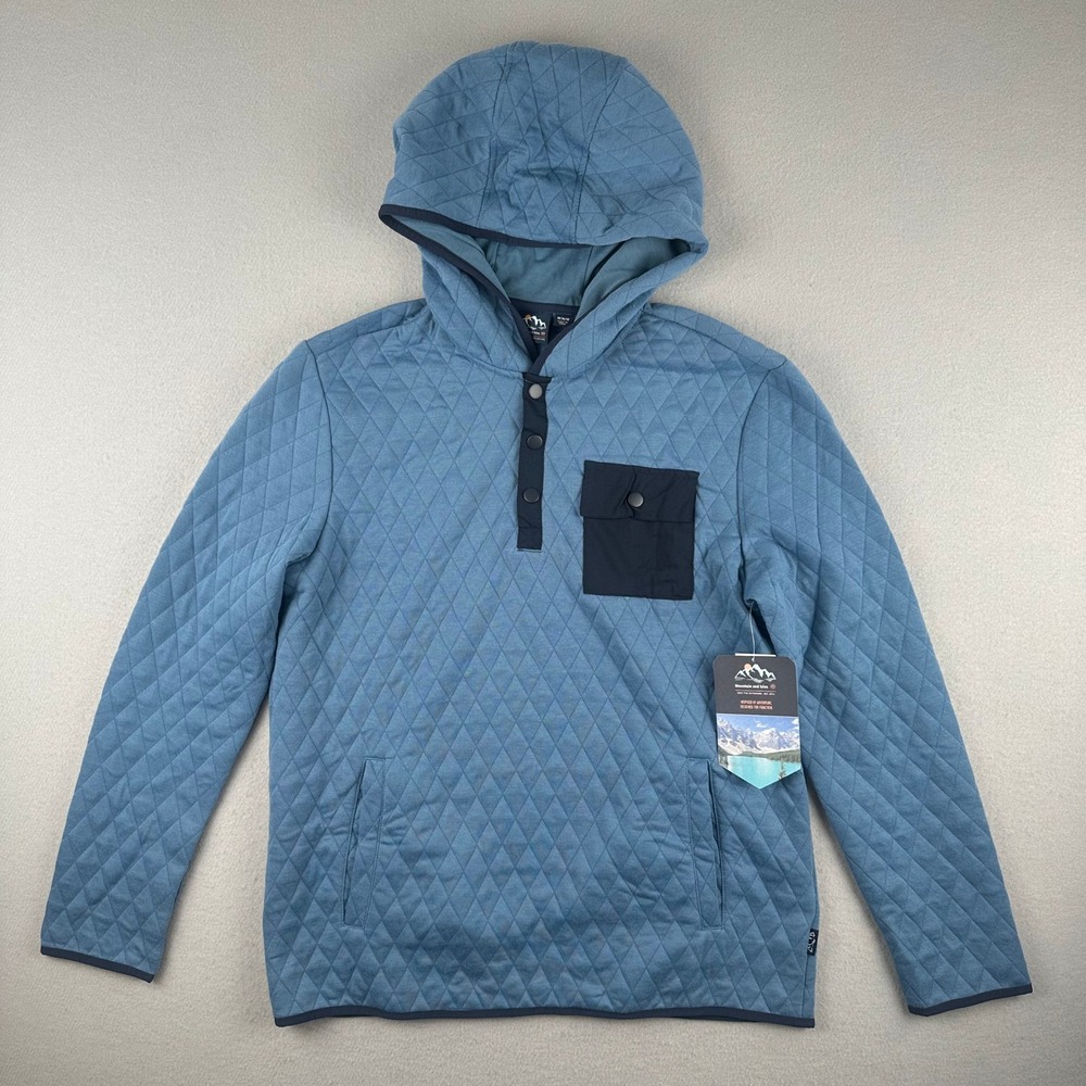 Mountain and Isles Quilted Hoodie Mens Medium Blue Snap Neck Pullover Pocket NWT
